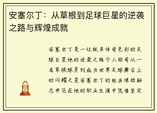安塞尔丁：从草根到足球巨星的逆袭之路与辉煌成就